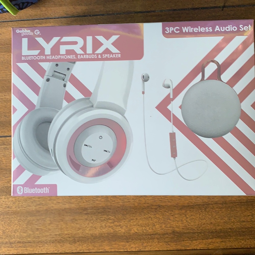 Brand new LYRIX  Bluetooth speaker, earbuds and headphones.